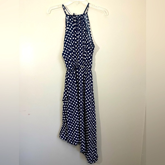 Claudia G Sleeveless Asymmetric‎ HalterTop Dress Womens M Navy White Dot NWOT - Picture 4 of 14